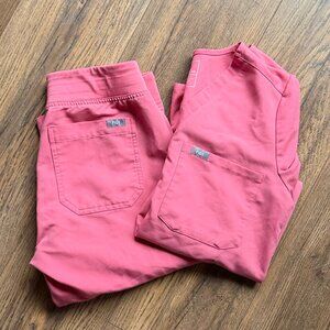 FIGS Technical Collection Scrub Set Size XS Rose Pink V-Neck Top & Pants